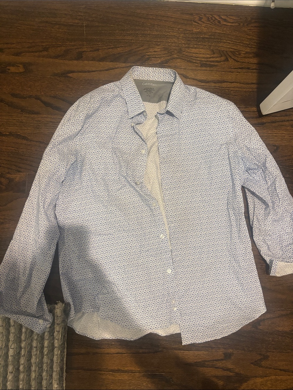 Calvin Klein Men's White Button-Down Shirt with Light Blue Micro Print